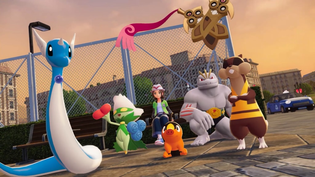 Trainer takes a photo on the bench with their team in Pokémon Legends Z-A.